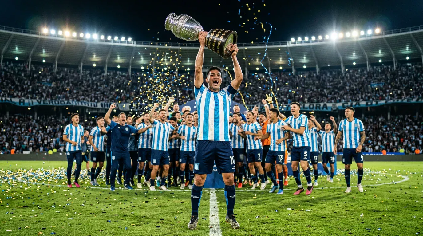 Jugador de fútbol argentino levantando el trofeo de campeón sobre el césped del estadio rodeado de sus compañeros de equipo tras la final