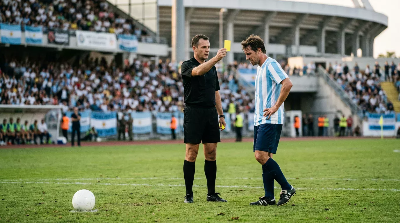Árbitro mostrando tarjeta amarilla a un jugador de fútbol sobre el césped durante un partido de la Liga Profesional argentina con el balón en primer plano