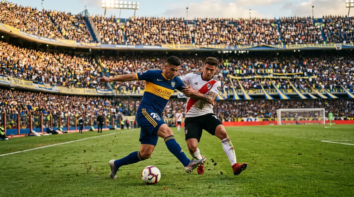 Jugadores de fútbol de la Liga Profesional argentina disputando el balón sobre el césped de un estadio lleno durante las últimas fechas del torneo