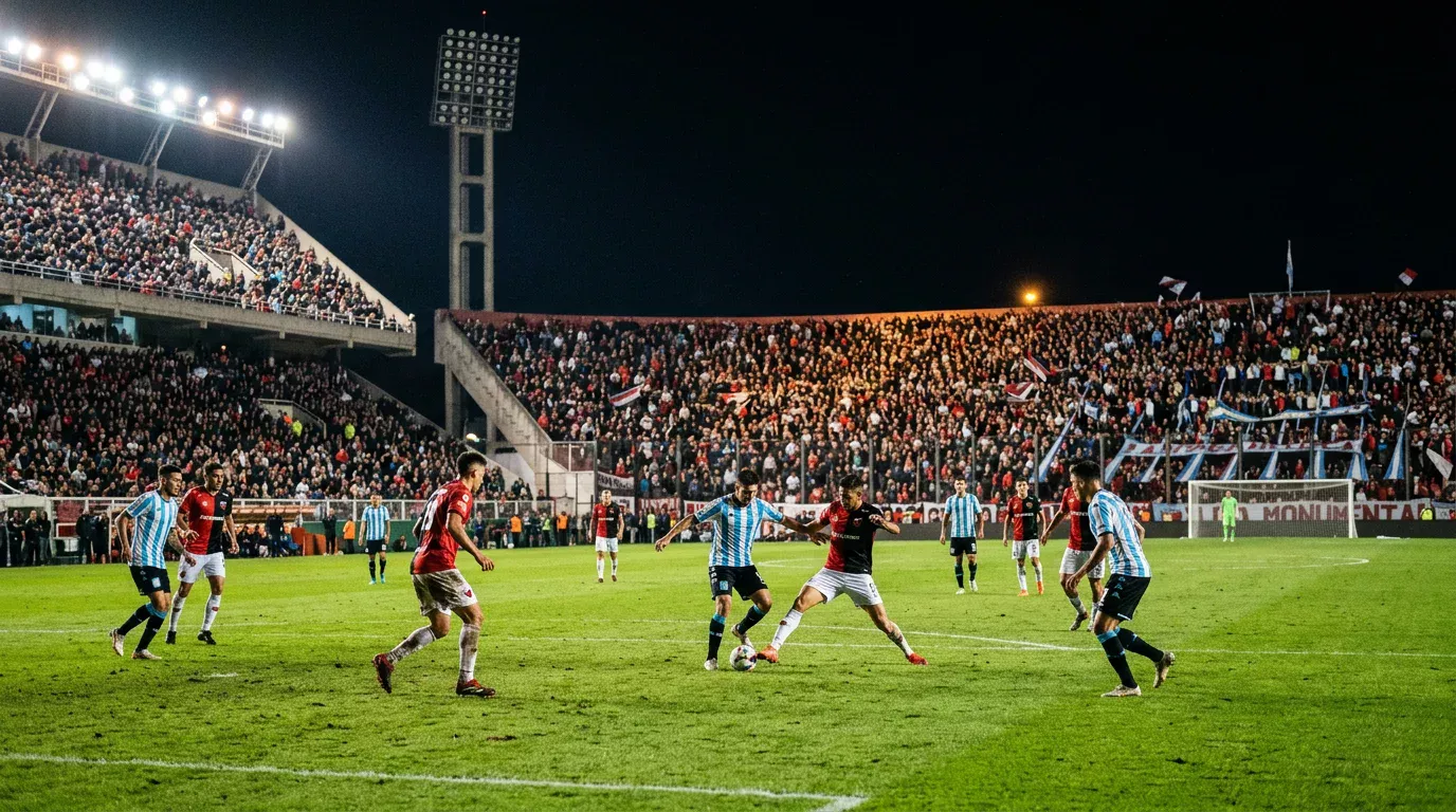 Estadio de fútbol argentino iluminado durante un partido nocturno de la Liga Profesional con los jugadores en pleno desarrollo del juego sobre el césped