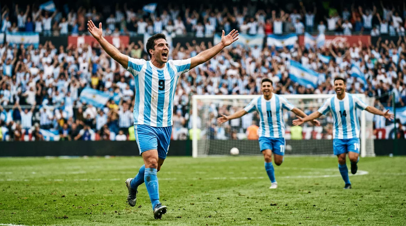 Delantero de fútbol argentino celebrando un gol con los brazos en alto sobre el césped del estadio rodeado de sus compañeros de equipo