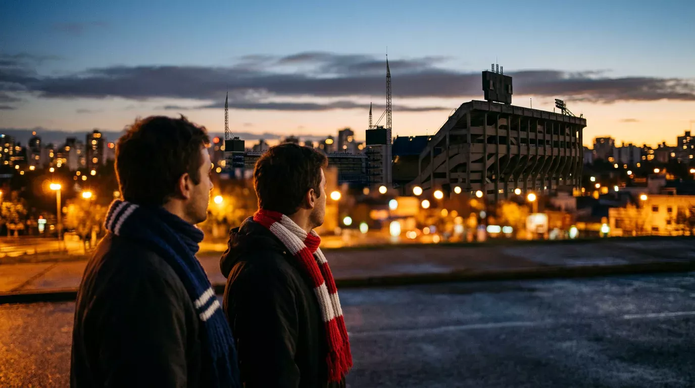 Aficionados al fútbol argentino con bufandas de Boca y River frente a un tablero de cuotas en una noche en Buenos Aires
