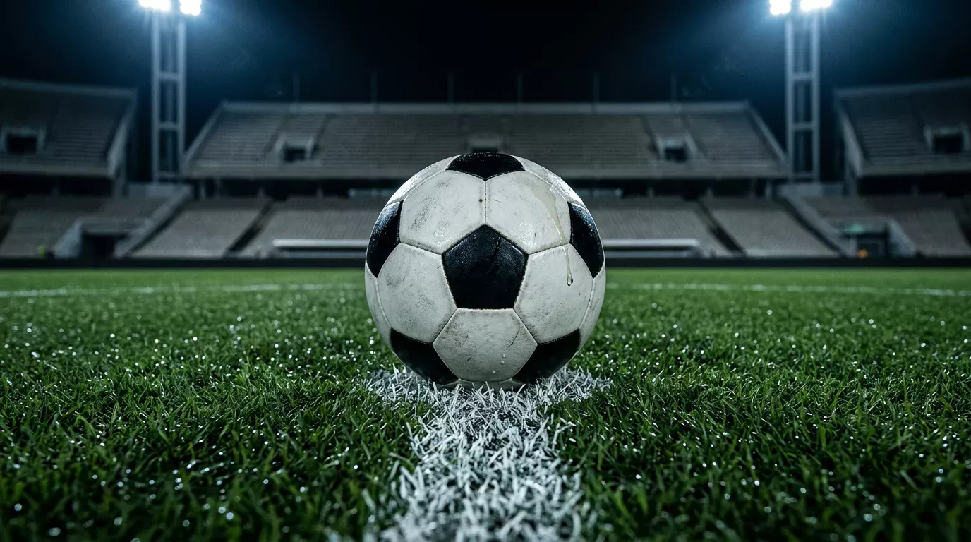 Balón de fútbol sobre el césped húmedo del círculo central de un estadio de la Liga Profesional argentina iluminado por focos en la noche