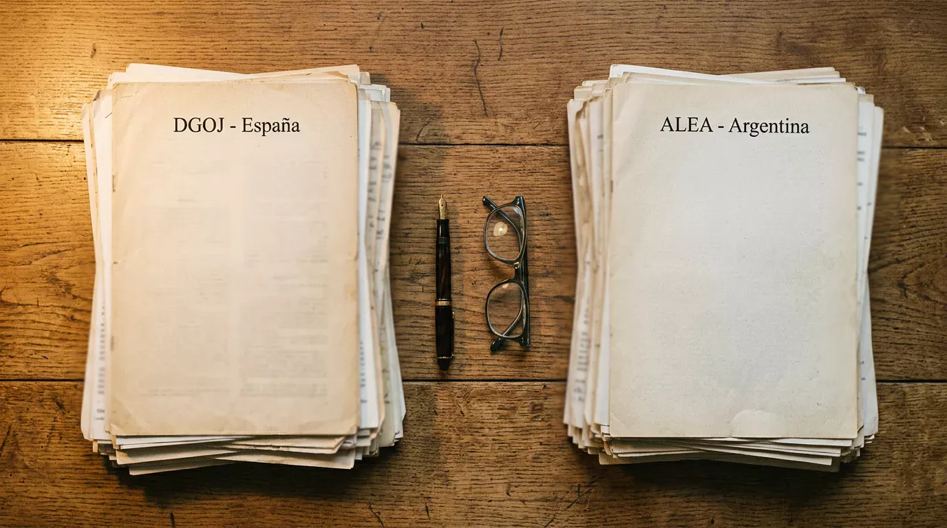 Documentos regulatorios sobre una mesa editorial ilustrando la diferencia entre la DGOJ española y ALEA argentina