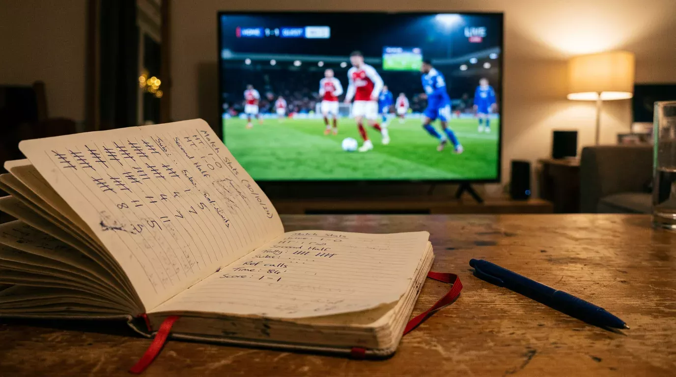 Cuaderno con apuntes manuscritos de apuestas junto a un partido de la Liga Profesional argentina retransmitido en un televisor