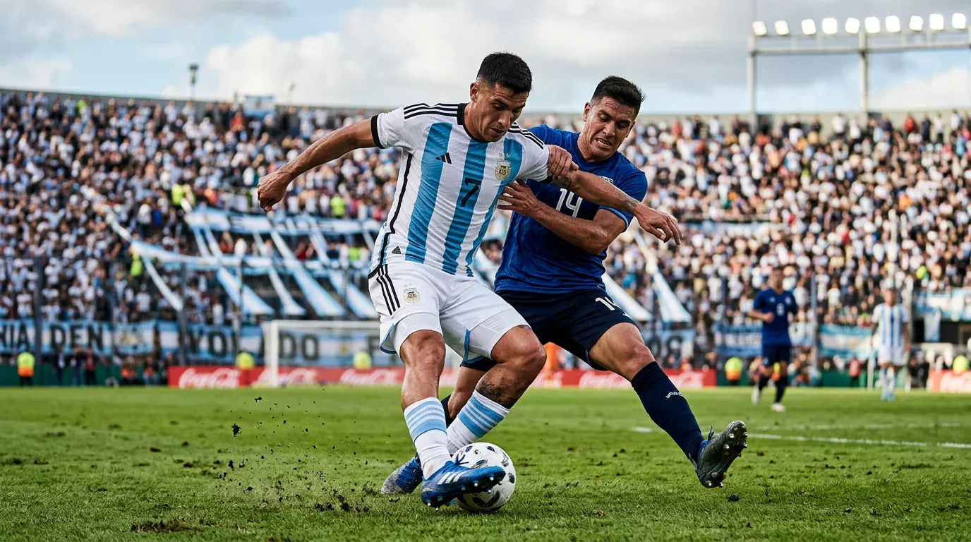 Dos jugadores de fútbol argentinos con camisetas de colores contrastados disputando el balón en el centro del campo durante un partido de la Liga Profesional