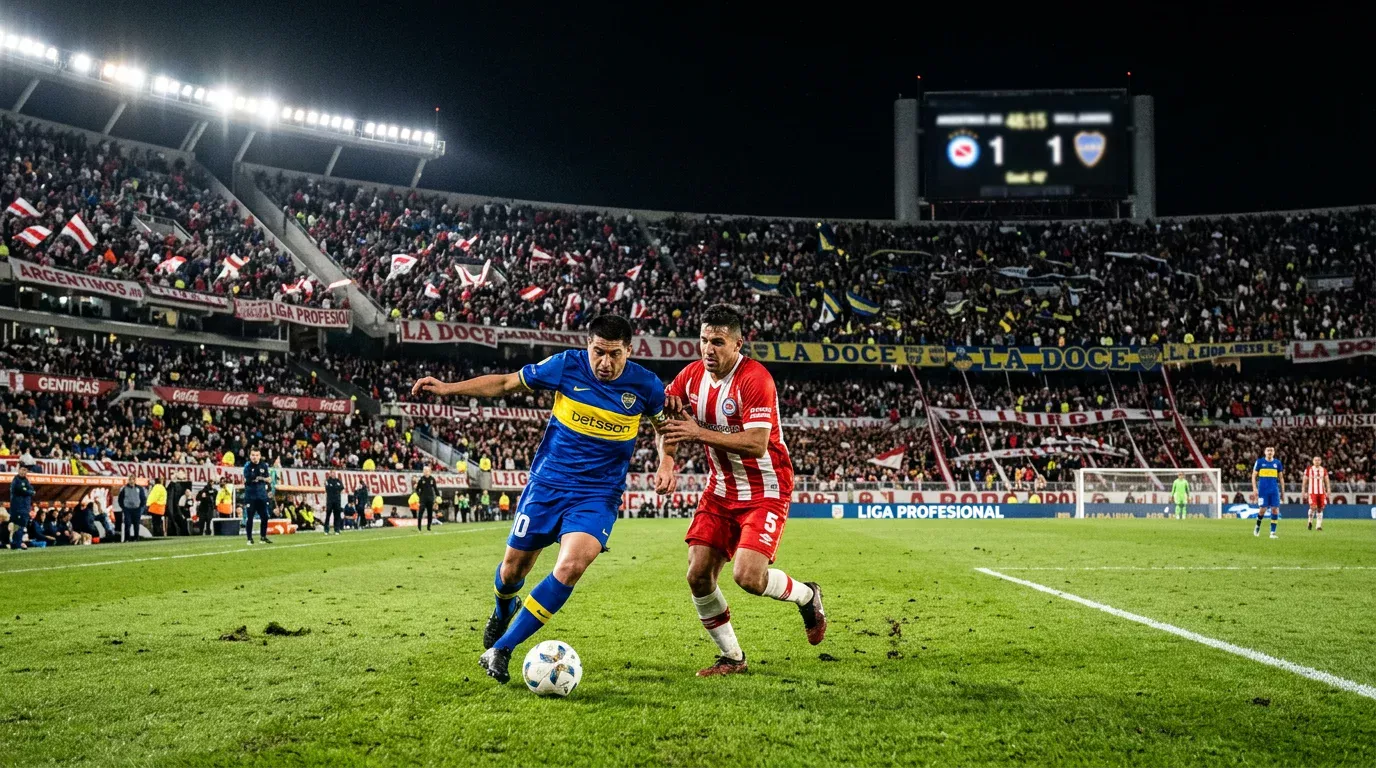 Partido de la Liga Profesional argentina disputado de noche con iluminación artificial y marcador en el estadio