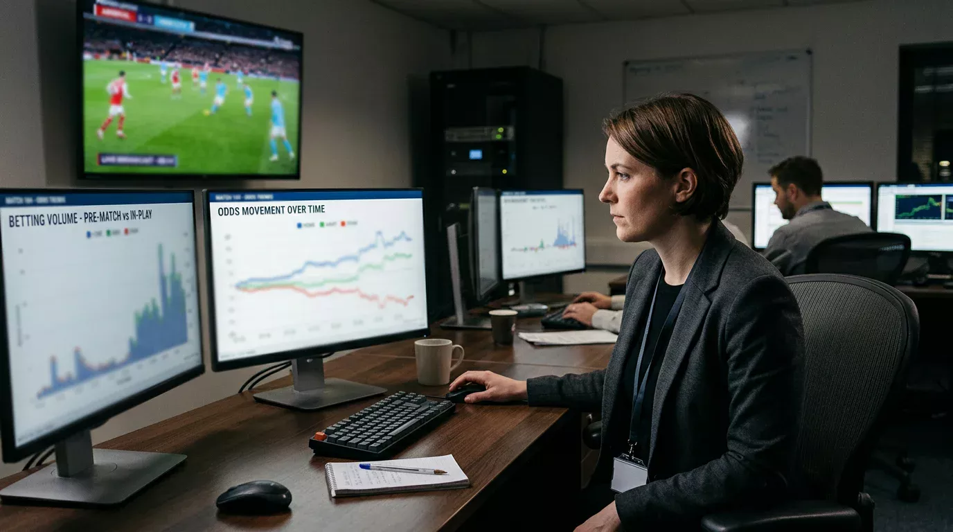 Sala de monitoreo con operador de integridad deportiva analizando gráficos de cuotas de partidos de fútbol en varias pantallas