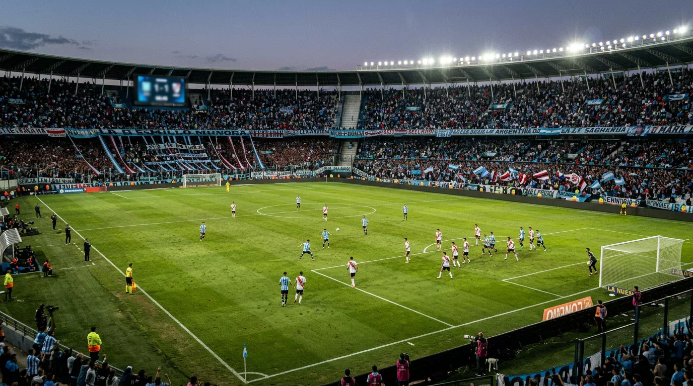 Estadio de fútbol argentino iluminado durante un partido nocturno de la Liga Profesional con hinchas en las gradas