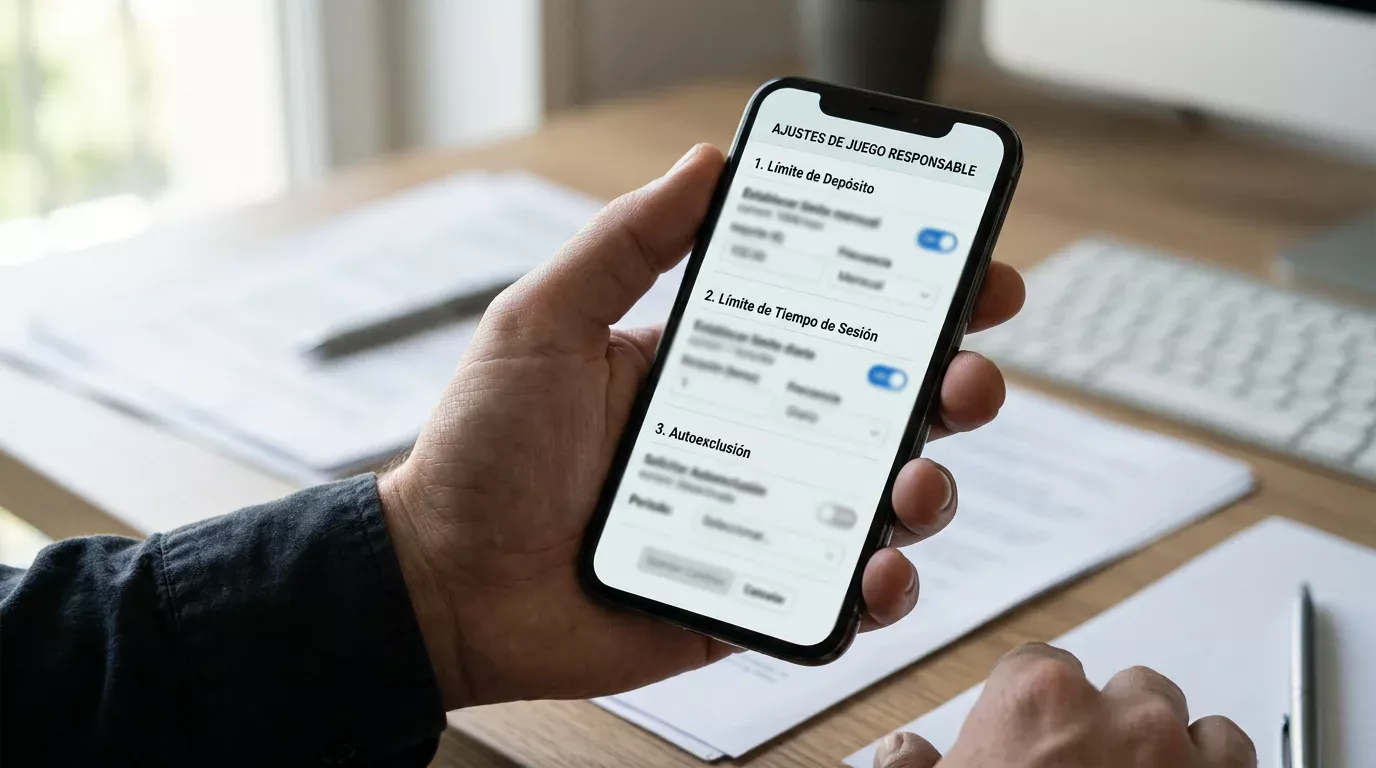 Pantalla de un teléfono móvil mostrando la configuración de límites de depósito y autoexclusión en un operador con licencia DGOJ