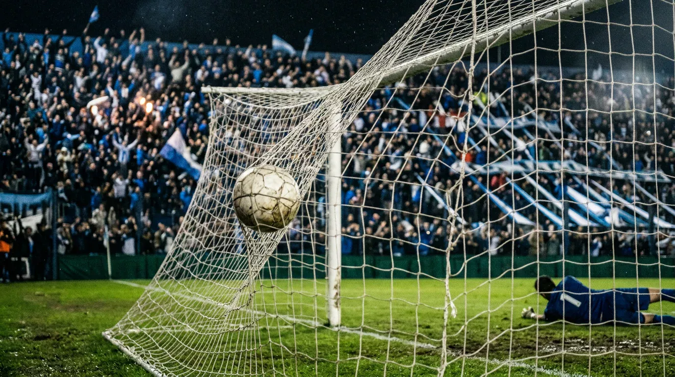 Balón cruzando la línea de meta y hundiéndose en la red de un estadio de la Liga Profesional argentina durante un partido