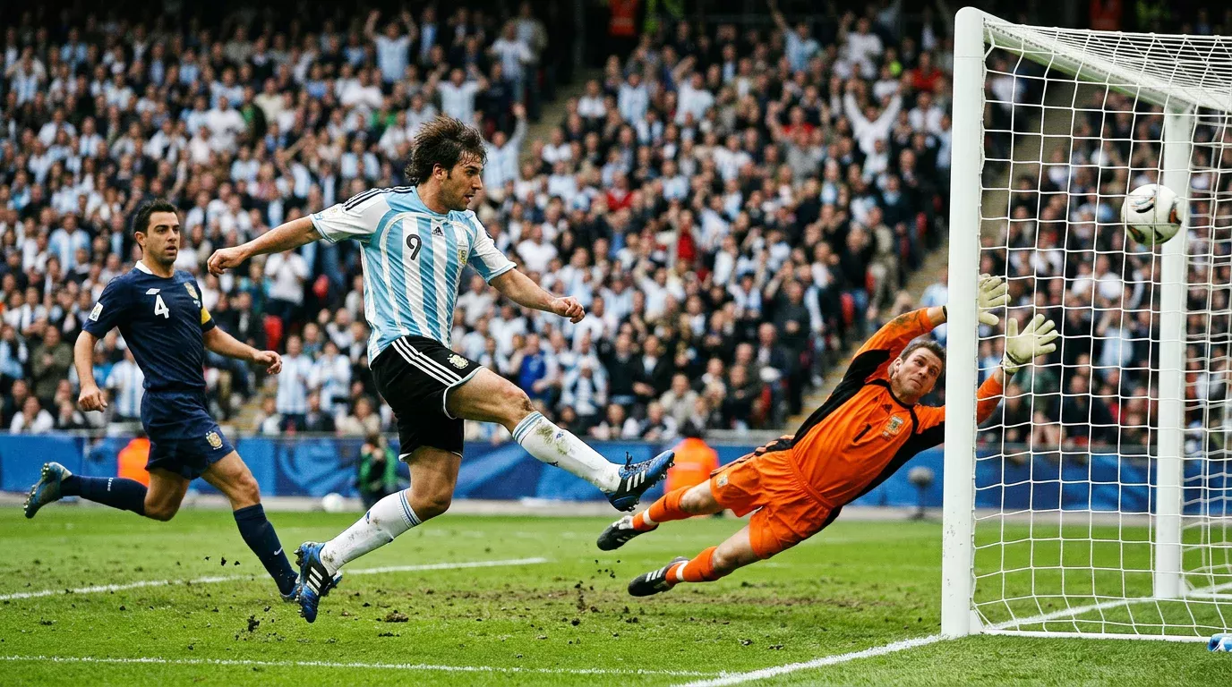 Delantero de fútbol argentino rematando al arco dentro del área con el portero extendido intentando la atajada sobre el césped del estadio