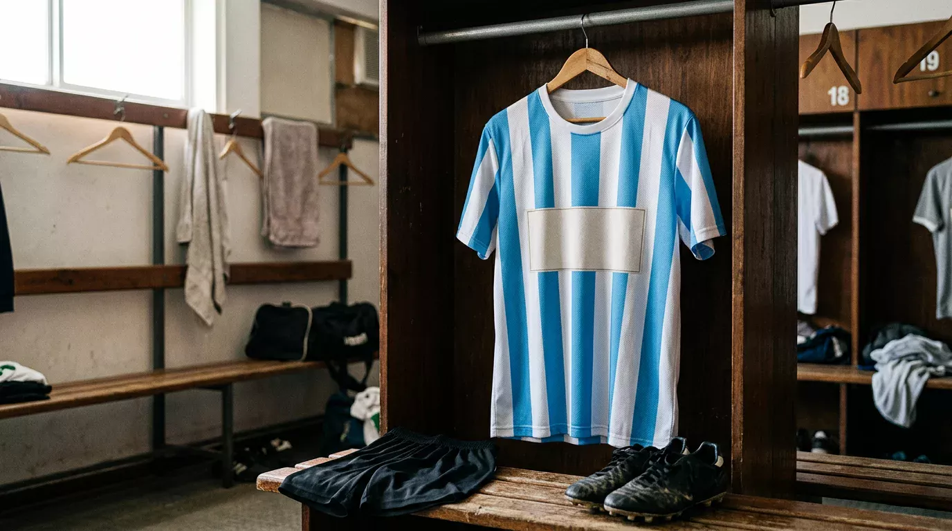 Camiseta de un club de la Liga Profesional argentina colgada en un vestuario con espacio publicitario de patrocinador en el pecho