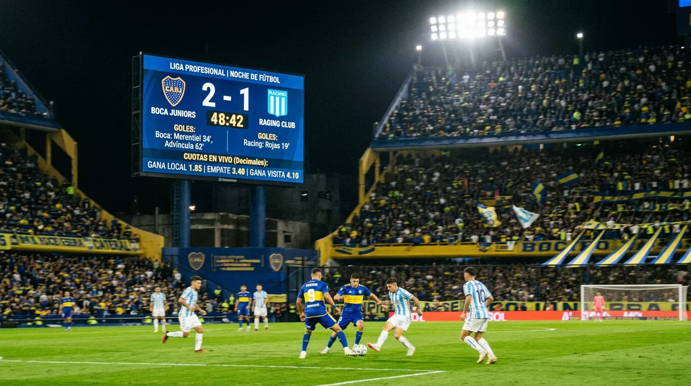 Marcador LED de un estadio de fútbol argentino mostrando cuotas decimales de un partido de la Liga Profesional