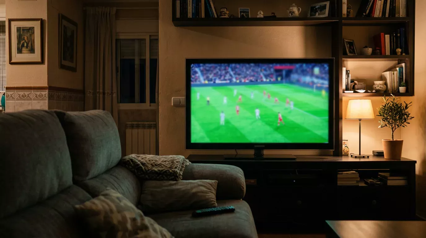 Televisor en un salón mostrando un partido de fútbol argentino de la Liga Profesional retransmitido desde España
