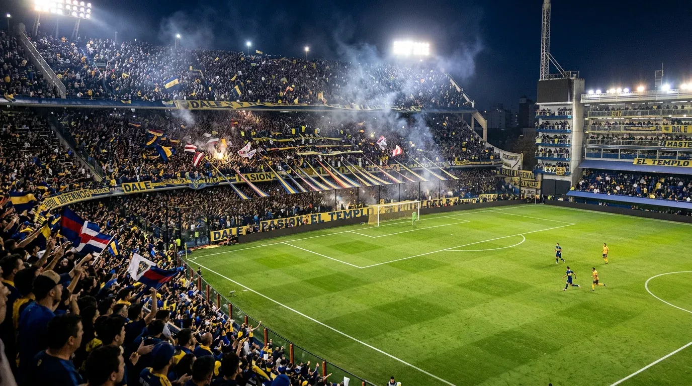 Estadio La Bombonera iluminado la noche de un Superclásico Boca-River visto desde la tribuna