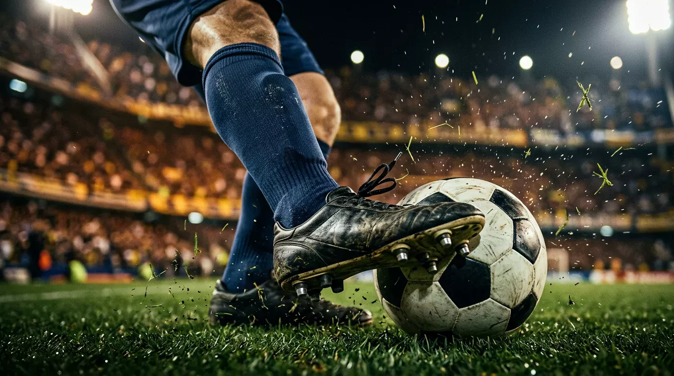 Primer plano del pie de un futbolista golpeando el balón en un partido nocturno de la Liga Profesional argentina con el estadio desenfocado al fondo