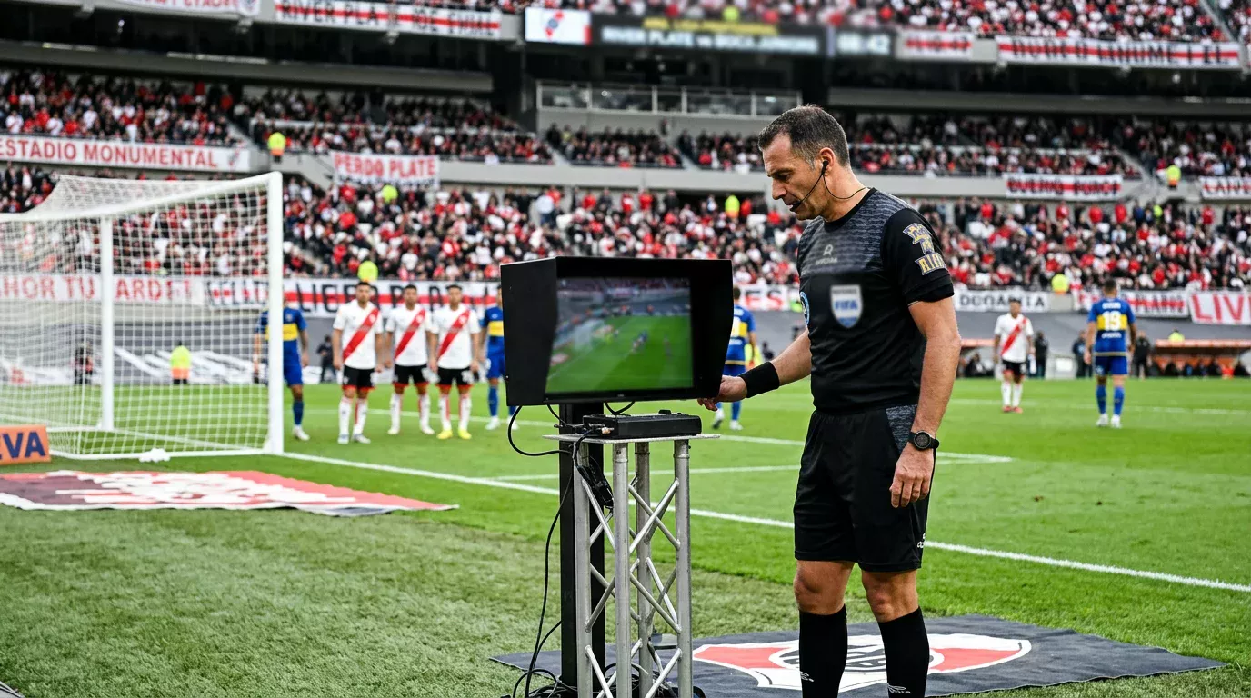 Árbitro revisando una jugada en el monitor del VAR a pie de campo en un partido de la Liga Profesional argentina