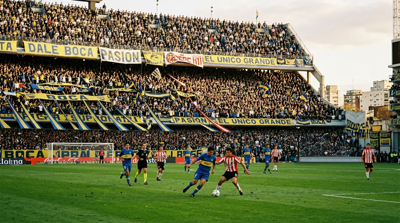 Estadio de fútbol argentino lleno de aficionados durante un partido decisivo de playoff de la Liga Profesional con jugadores disputando el balón sobre el césped